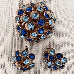 Vintage Brooch and Earrings Blue Burst Set